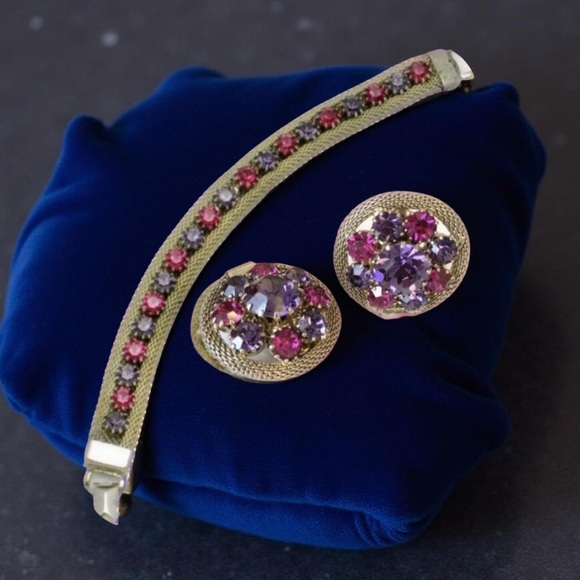 Weiss Mesh Purple Pink Rhinestone Bracelet  & Earrings, 1950s Vintage Jewelry - Picture 9 of 12